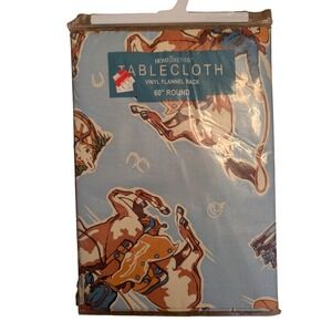 Vtg HomeTrends Western Cowboy Vinyl Tablecloth 60 Round Flannel Back Blue Horse